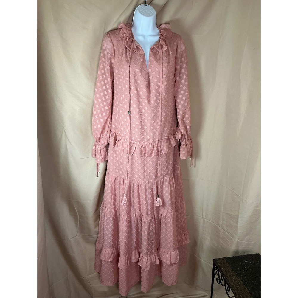Regina Salomao Maxi Dress Womens 38 Pink Excellent Tiered Ruffle Swiss Dot Boho